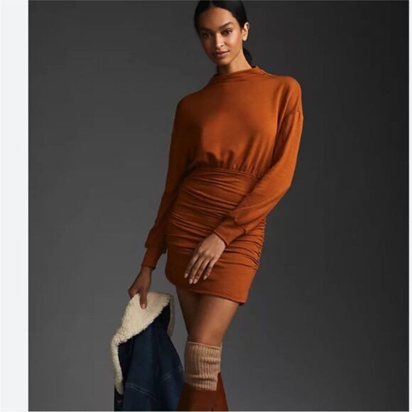 Anthropologie Daily Practice Burnt Orange Ruched Long Sleeve Mini Dress | M - Picture 1 of 10
